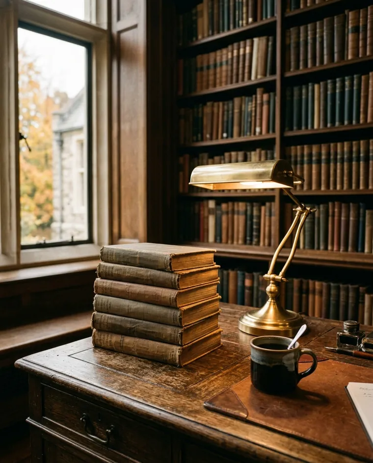 Library desk, lamp on